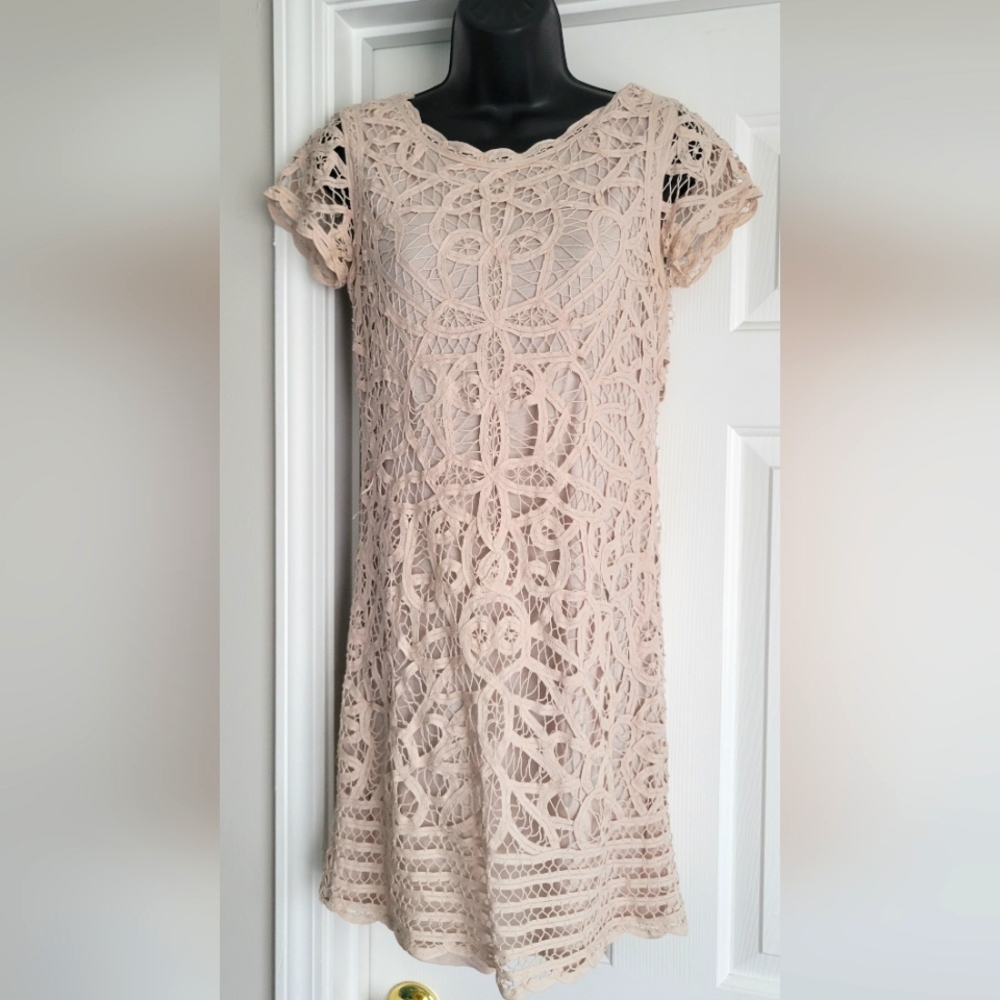 INC Crochet Dress, Short Sleeves, Beige Pink Color, Size 8 Petite
